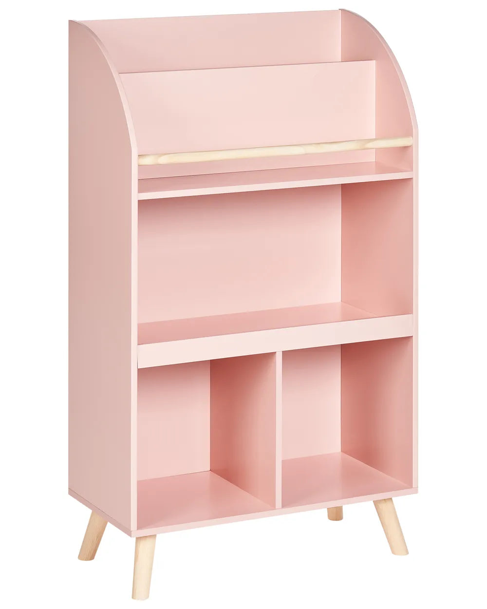 Pink bookshelf with wooden legs on a white background