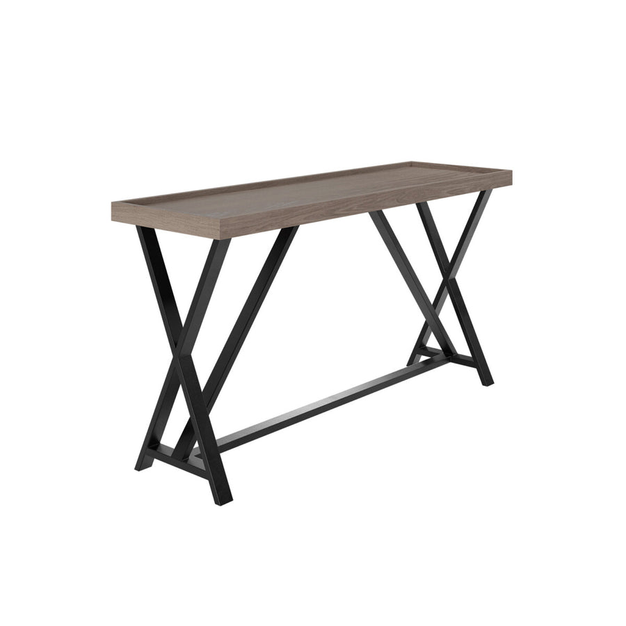 Wooden console table with black metal legs on a white background