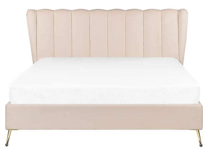 Modern beige velvet bed with padded headboard