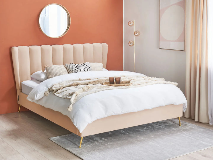 Upholstered velvet bed with built-in USB ports