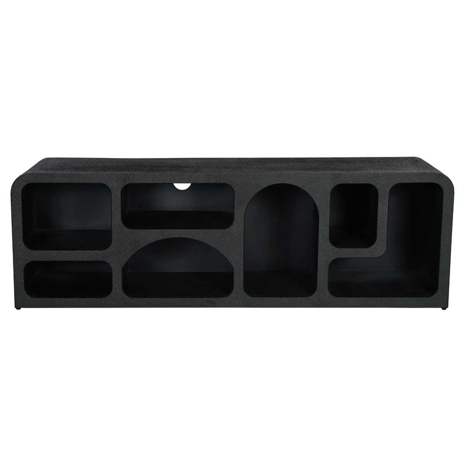 Black concrete block with multiple compartments on a white background