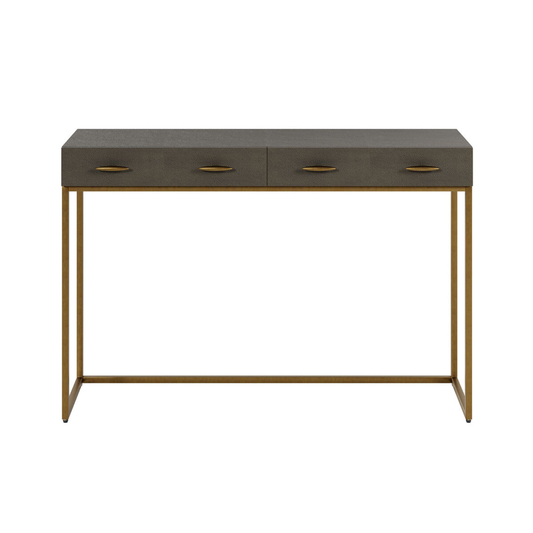 Console table with concrete top and brass legs on a white background