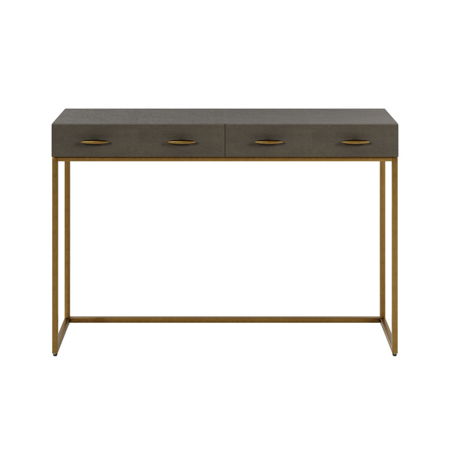 Console table with concrete top and brass legs on a white background