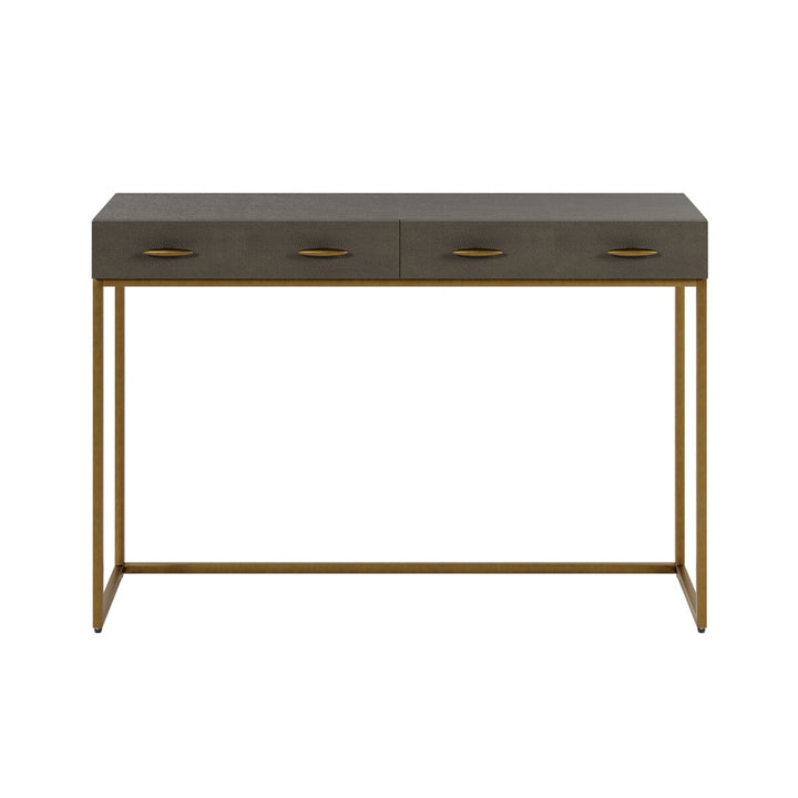 Console table with concrete top and brass legs on a white background
