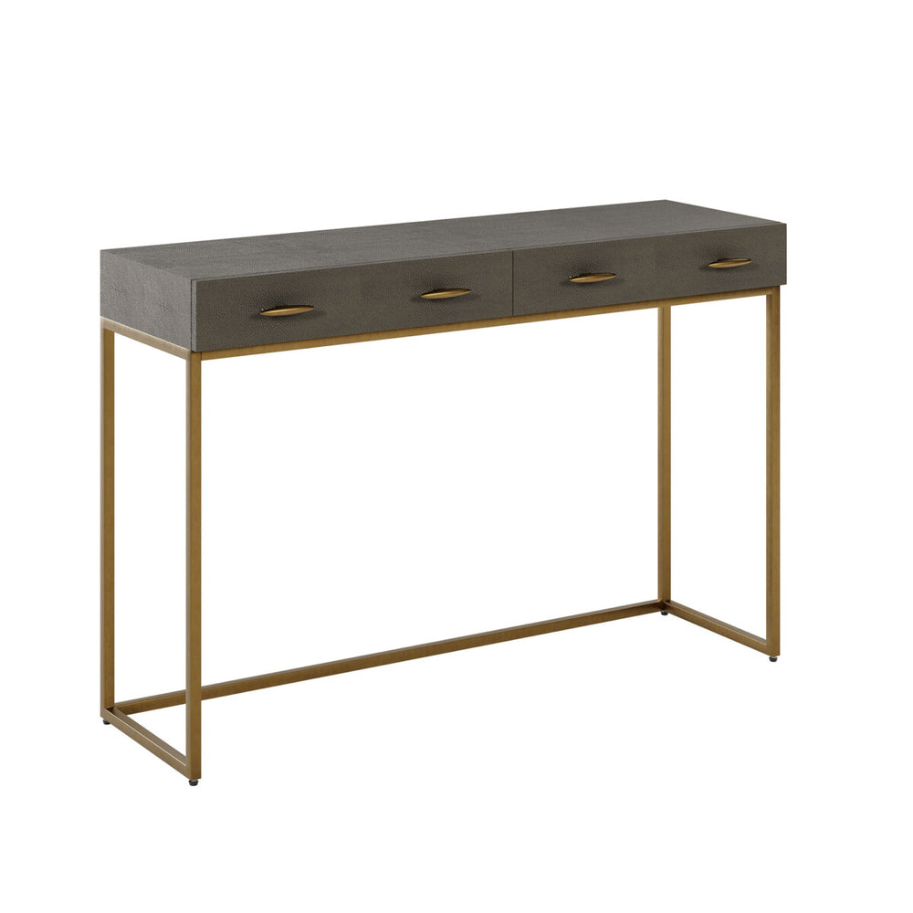 Console table with concrete top and gold metal legs on a white background
