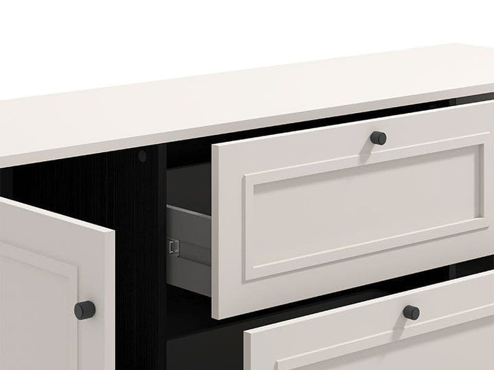 White wooden cabinet with a drawer open on a white background