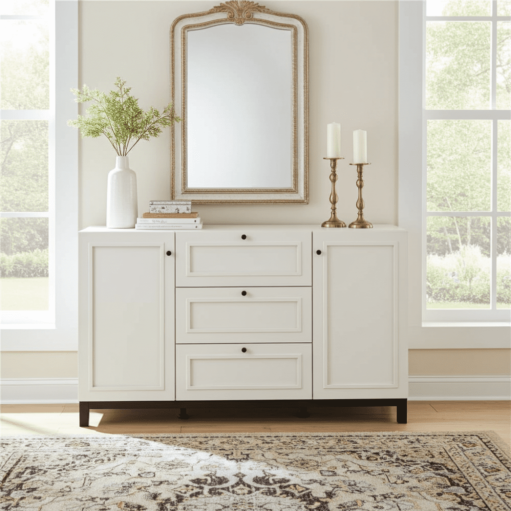 Cashmere taupe panelled sideboard with 2 doors and 3 drawers