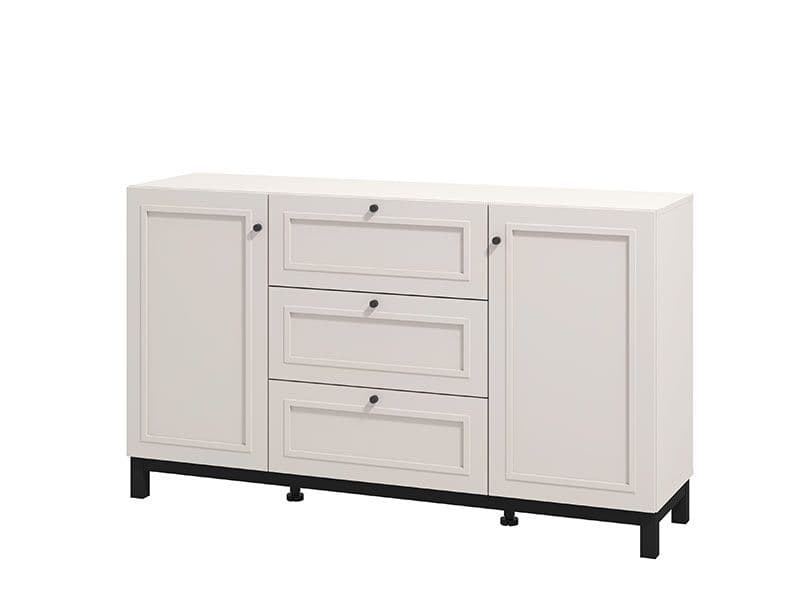 White sideboard with multiple drawers and doors on a white background