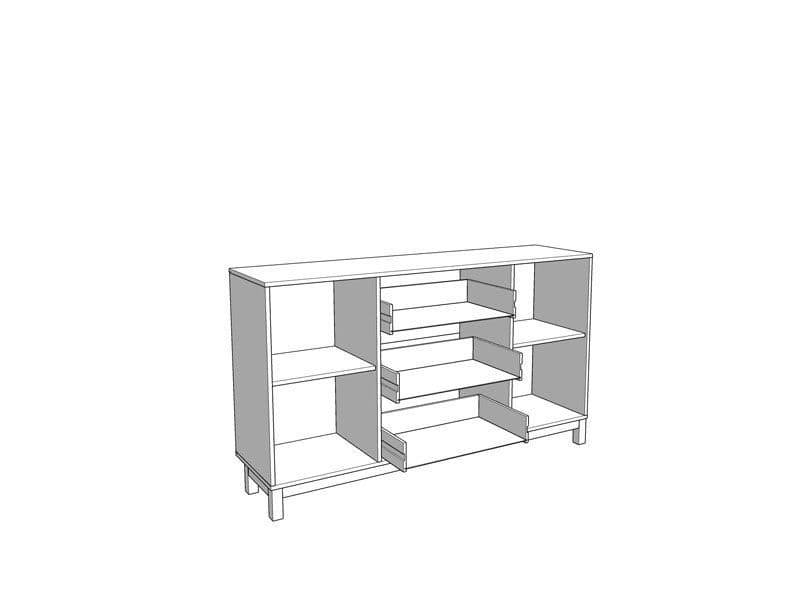 Line drawing of a modern entertainment console with shelves on a white background