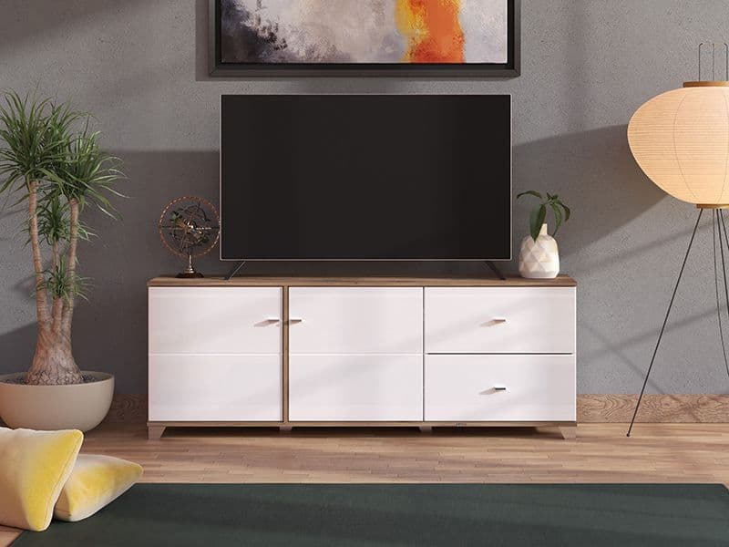 White gloss and warm oak TV unit with 2 doors and 2 drawers