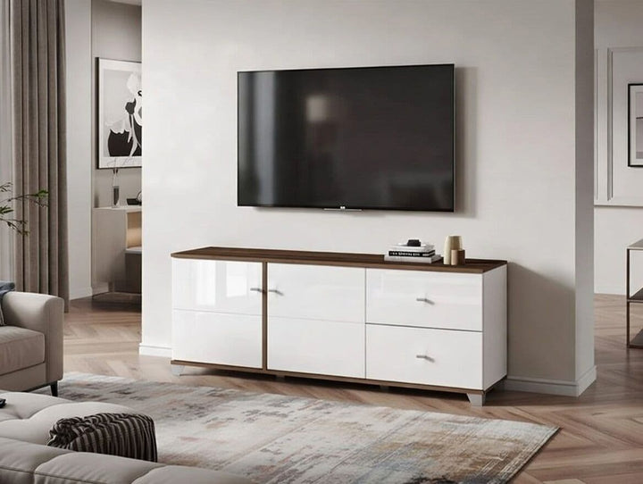 Modern white high gloss TV cabinet with oak effect storage