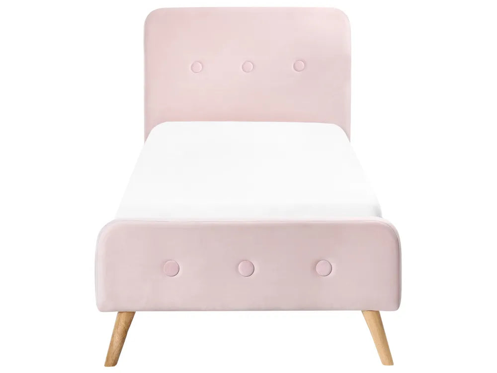 Pink upholstered bed with decorative button detail