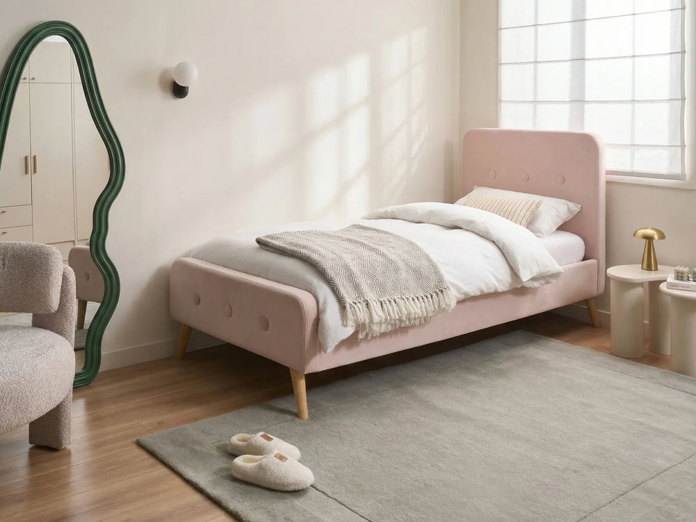 EU single velvet bed in soft pink finish