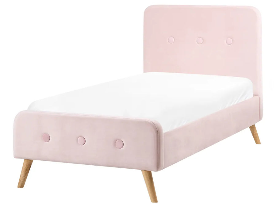 Pastel pink velvet single bed with tufted headboard