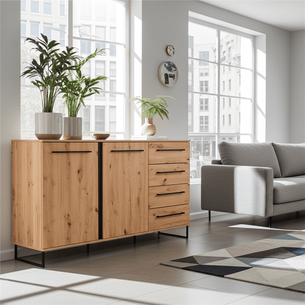 Wooden sideboard in a modern living room with a gray sofa and large windows.