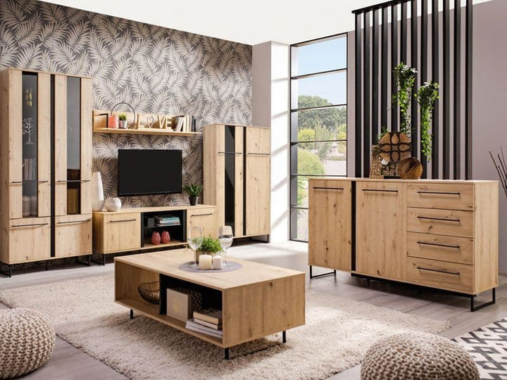 Modern living room with wooden furniture including a TV stand, sideboard, and coffee table.