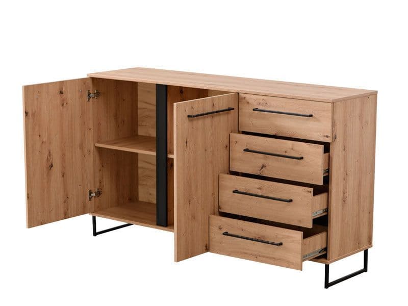 Wooden cabinet with open doors and drawers