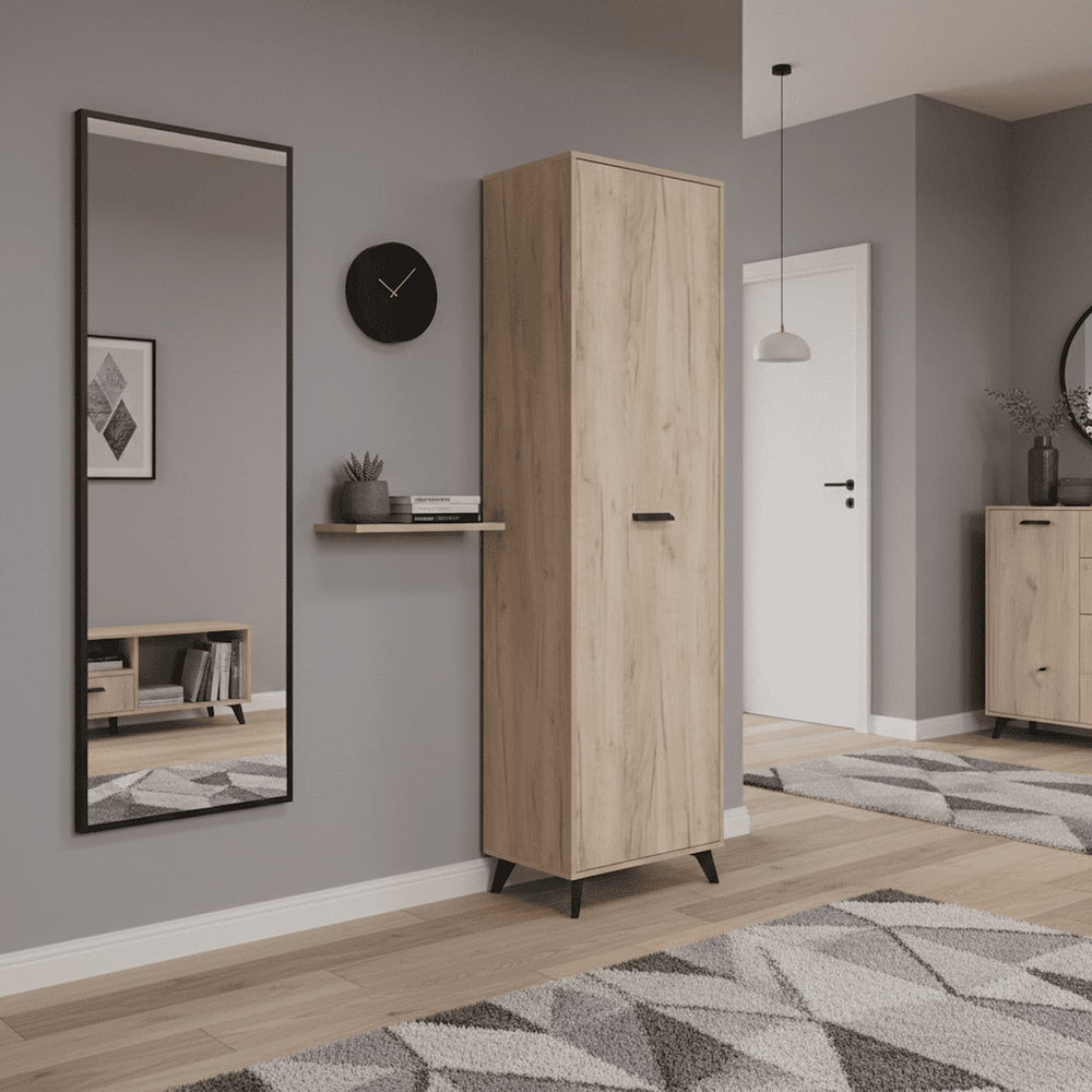 Slim oak wardrobe with shelves and pull out rail