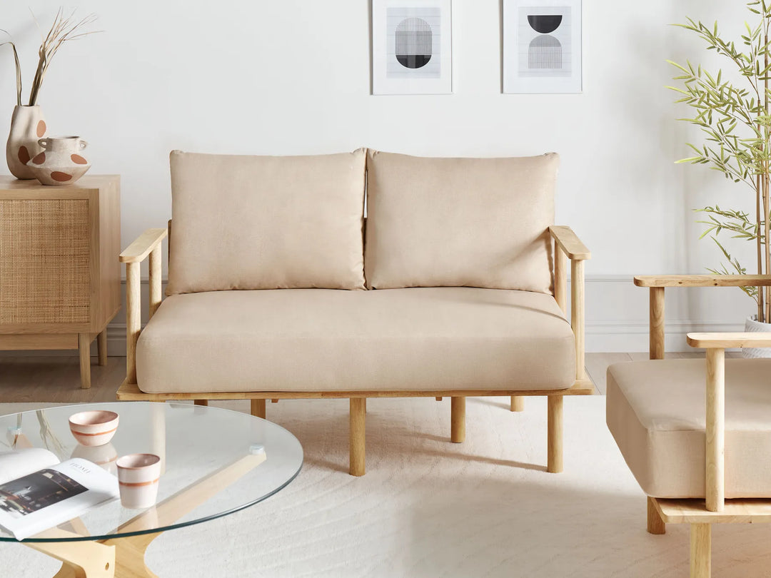 beige fabric 2 seater sofa with natural wood legs, minimalist living room furniture