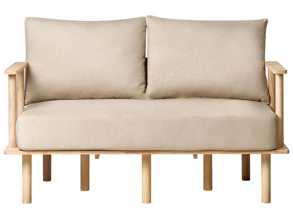 2 seater fabric sofa in sand beige with wooden frame, modern Scandinavian design