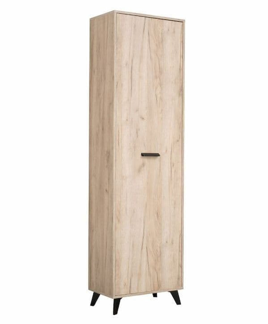 Narrow oak wardrobe with single door and storage shelves