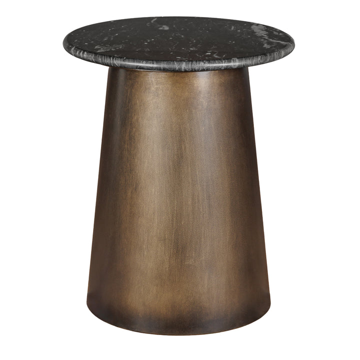 Bronze side table with black marble top on a white background