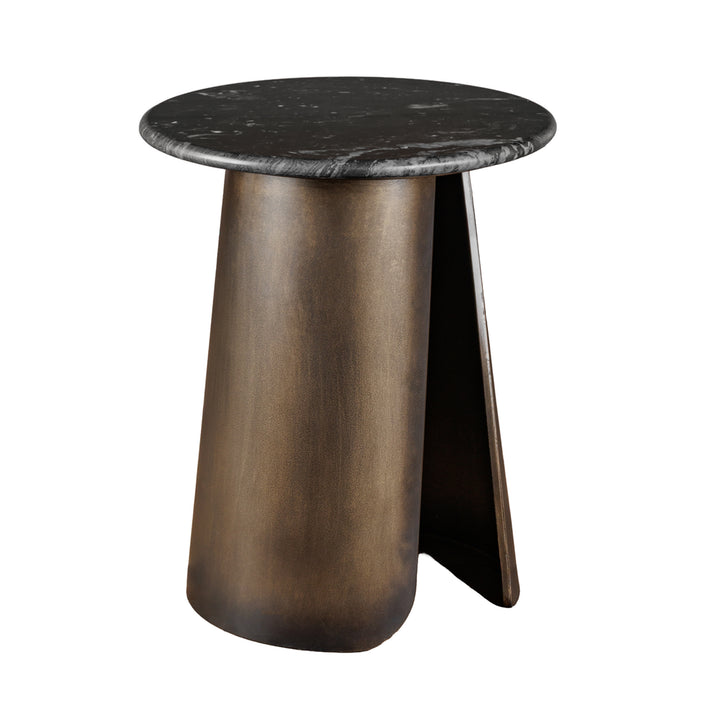 Small round table with marble top and bronze base on a white background