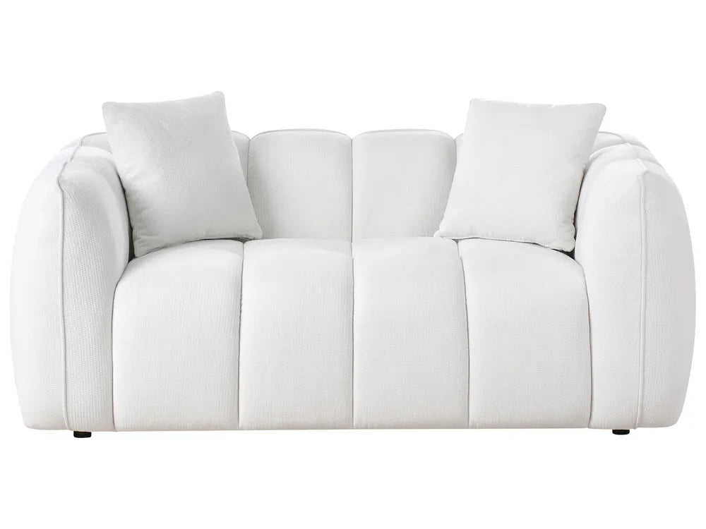off-white fabric 2 seater sofa with rounded design and cushions