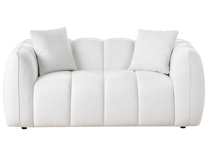 off-white fabric 2 seater sofa with rounded design and cushions