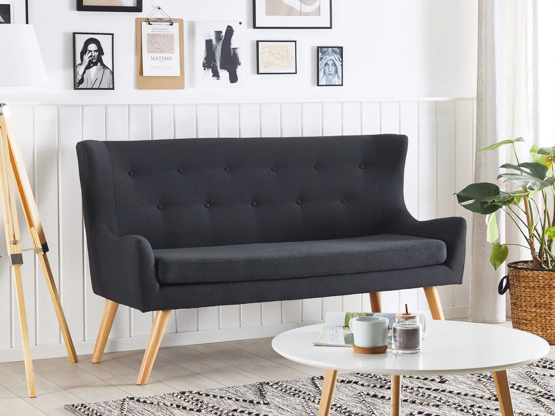 2 seater black upholstered bench with wooden legs and armrests