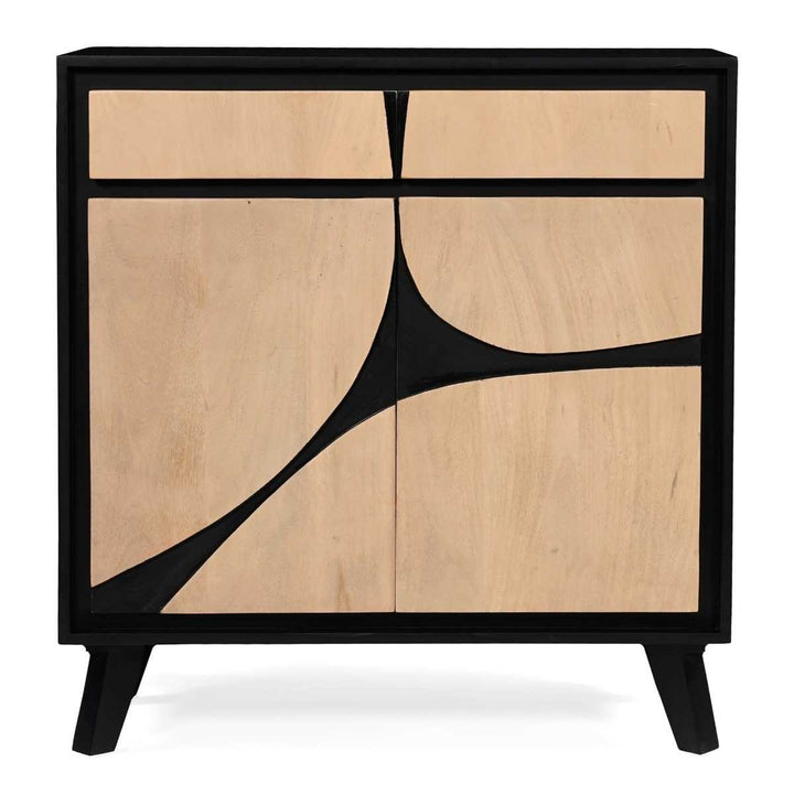 Wooden cabinet with black abstract design on a white background