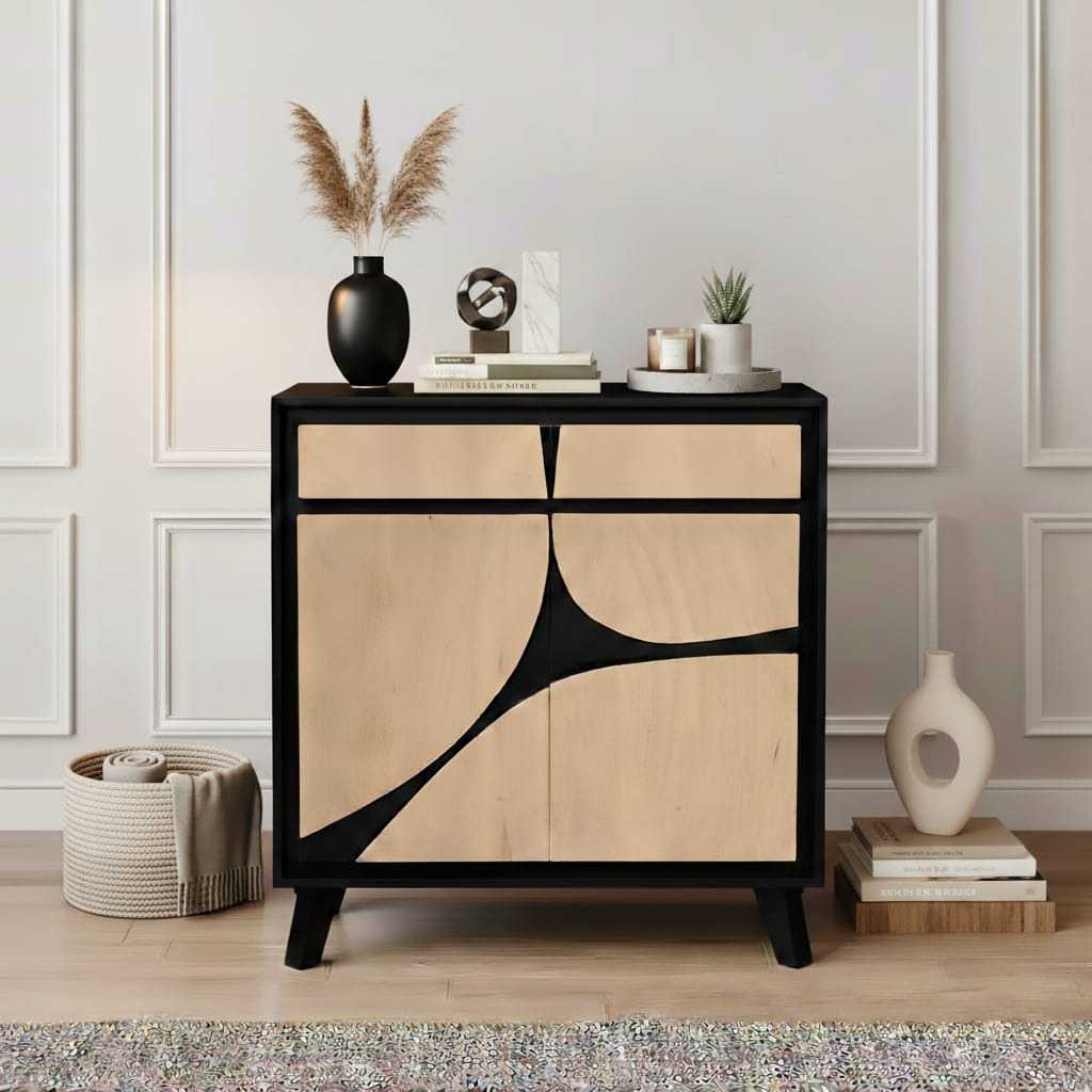 Modern sideboard with decorative items against a neutral wall