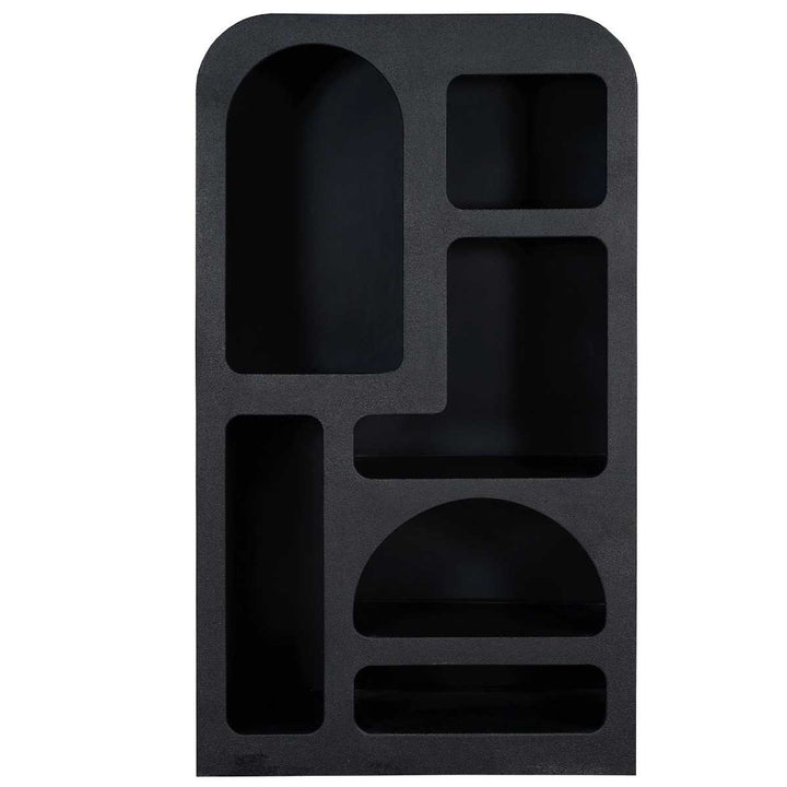 Black foam tray with compartments on a white background