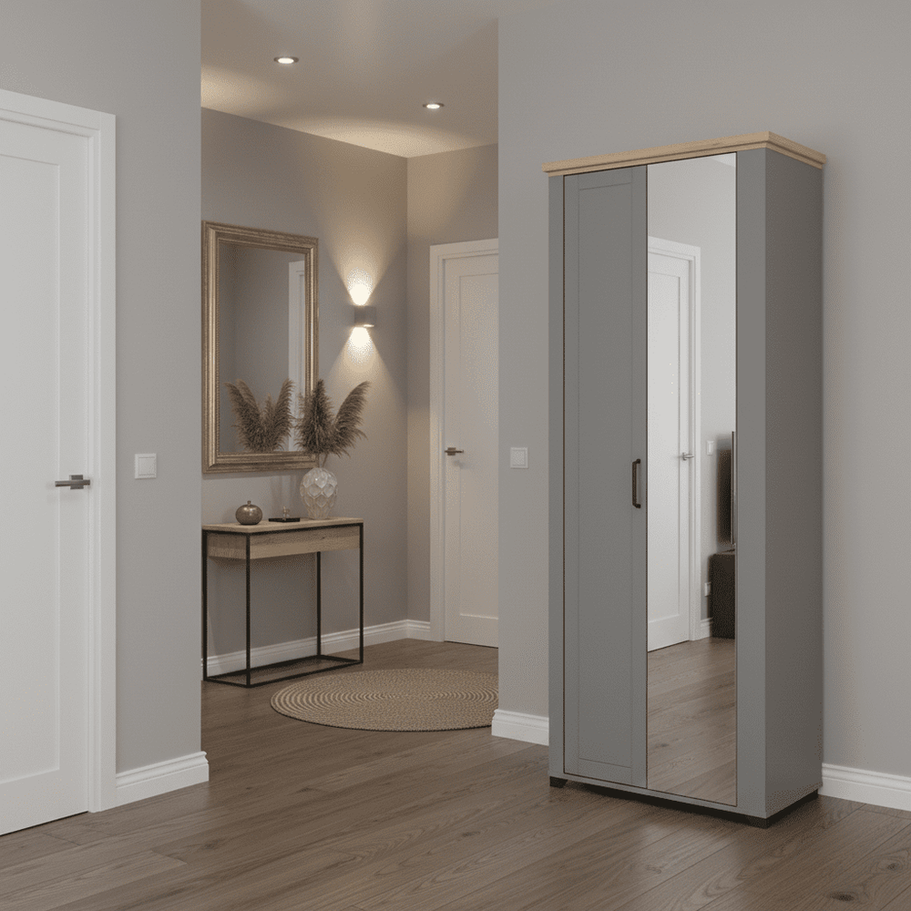 Grey and artisan oak slim mirrored wardrobe with shallow depth