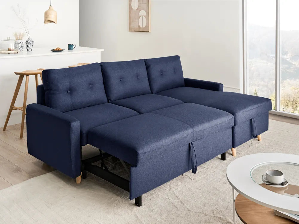 Corner Sofa Bed 4 Seater Fabric Navy Blue with Storage Left Hand Skiatook