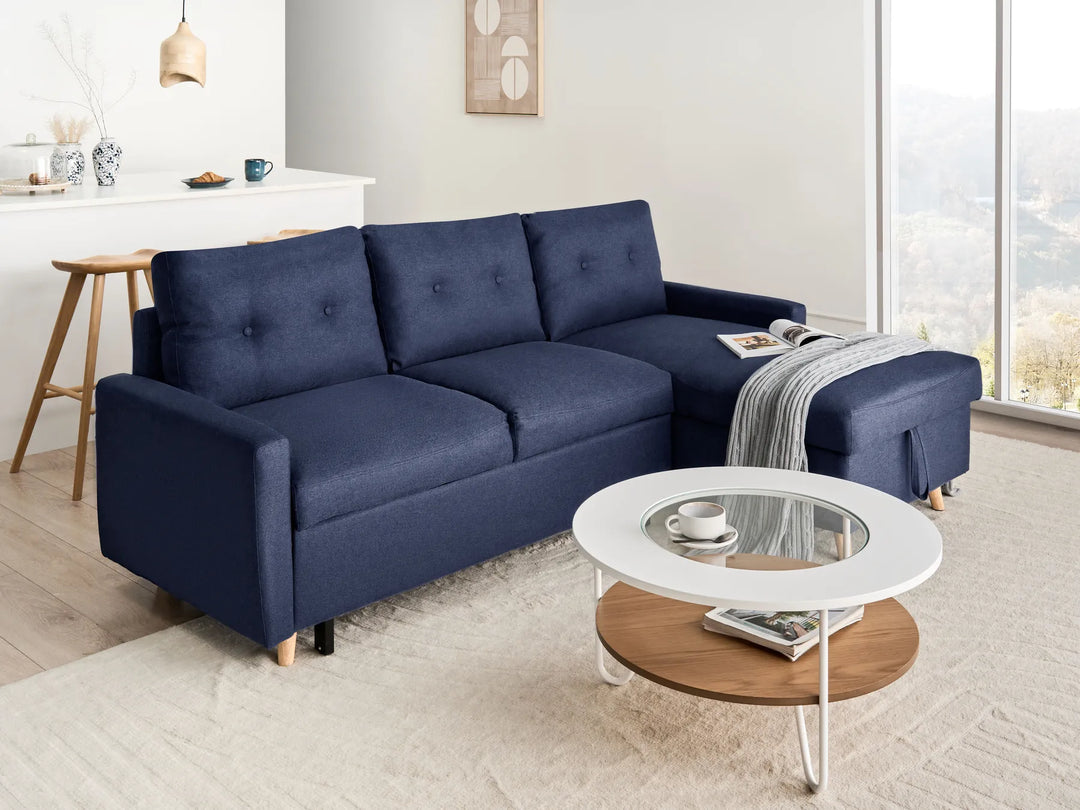 Left hand navy blue corner sofa bed with storage modern design