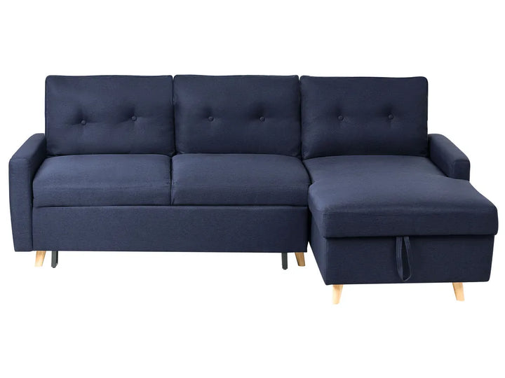 Navy blue fabric corner sofa bed with storage left hand