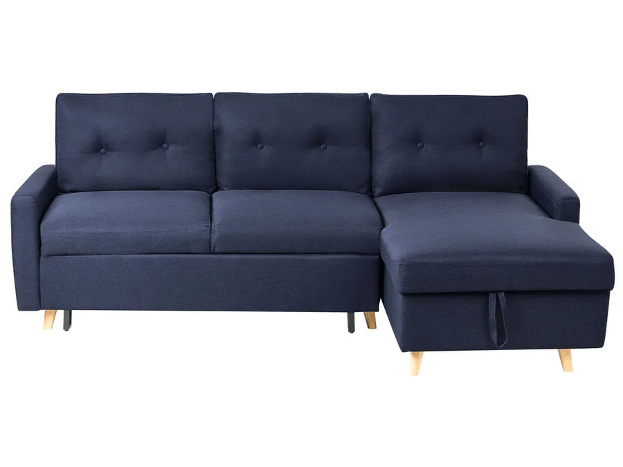Navy blue fabric corner sofa bed with storage left hand