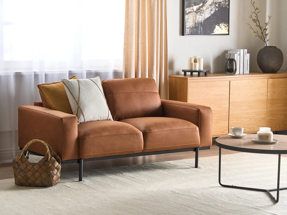 Modern brown fabric loveseat with padded seat and armrests