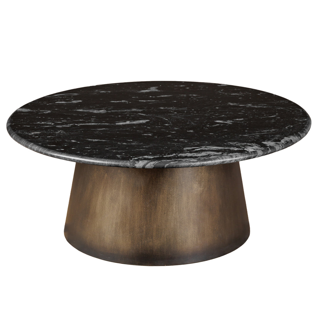 Round black marble coffee table with sculpted gold metal base