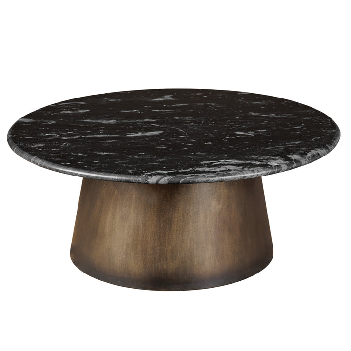 Round black marble coffee table with sculpted gold metal base