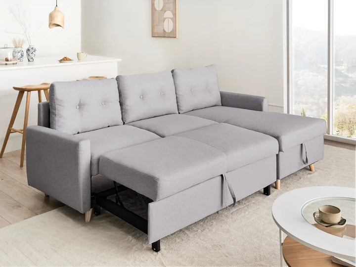 Corner Sofa Bed 4 Seater Fabric Light Grey with Storage Left Hand Skiatook