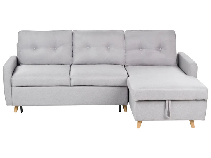 Light grey fabric corner sofa bed with storage left hand