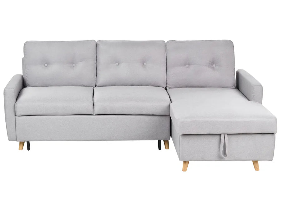 Light grey fabric corner sofa bed with storage left hand