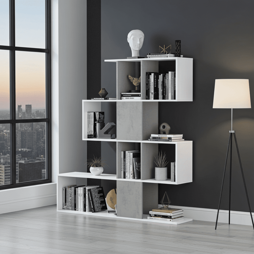 White and concrete grey bookcase with 10 cube storage compartments