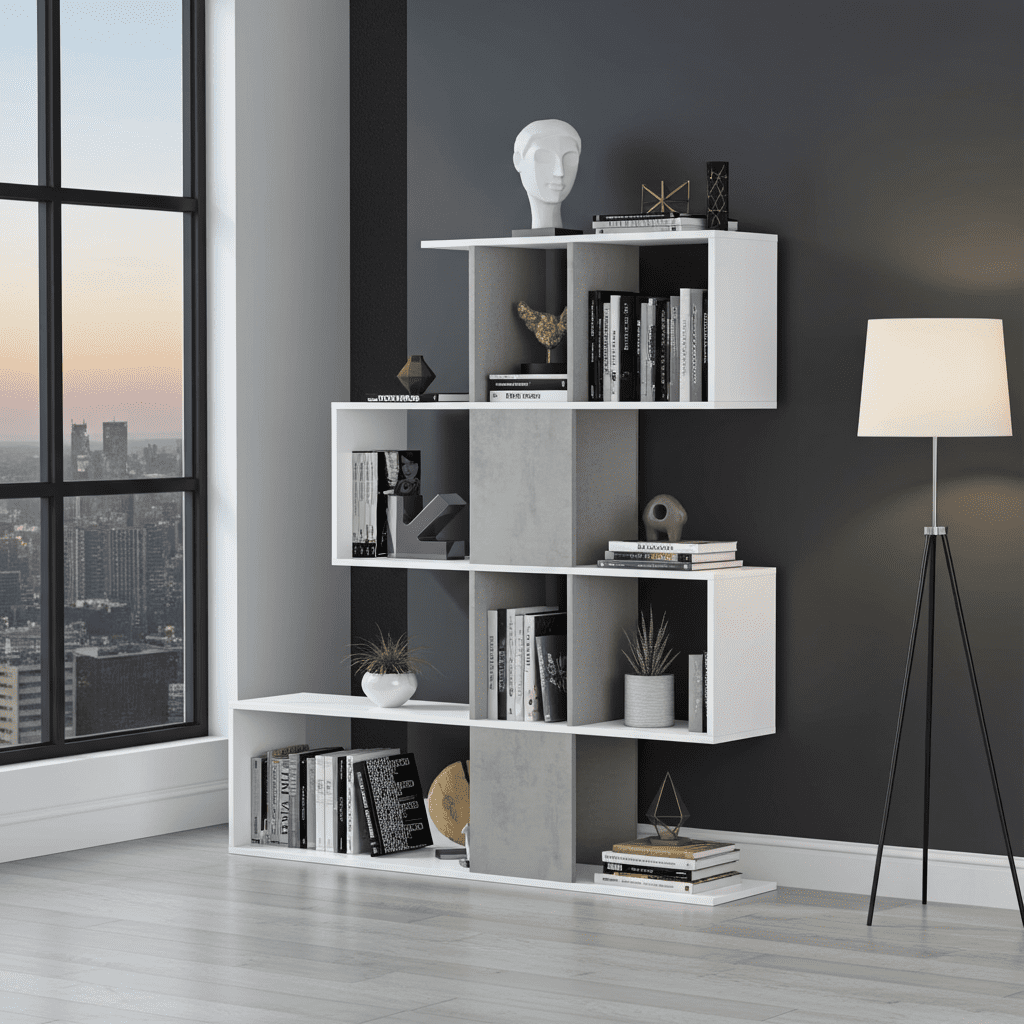 White and concrete grey bookcase with 10 cube storage compartments