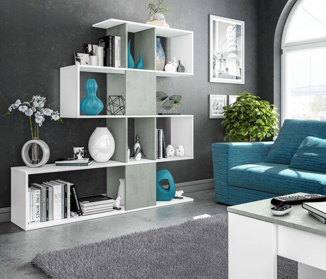 Modern white and grey shelving unit for books and decor