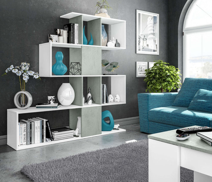 Modern white and grey shelving unit for books and decor