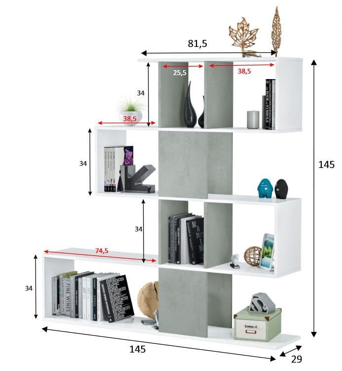White bookshelf with dimensions labeled on a white background