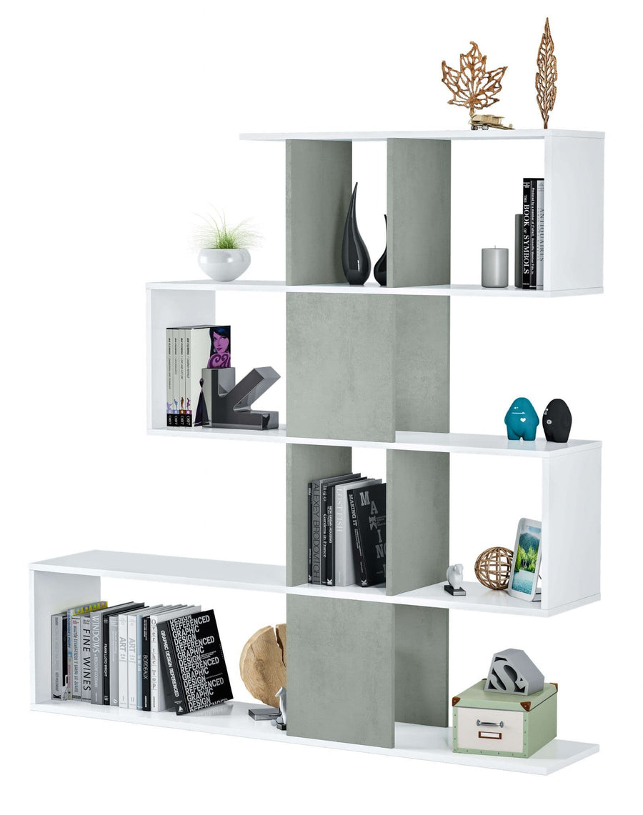 White bookshelf with decorative items on a white background